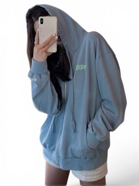 NWT Blue Oversized Graphic Zip Hoodie Cotton L Y2K